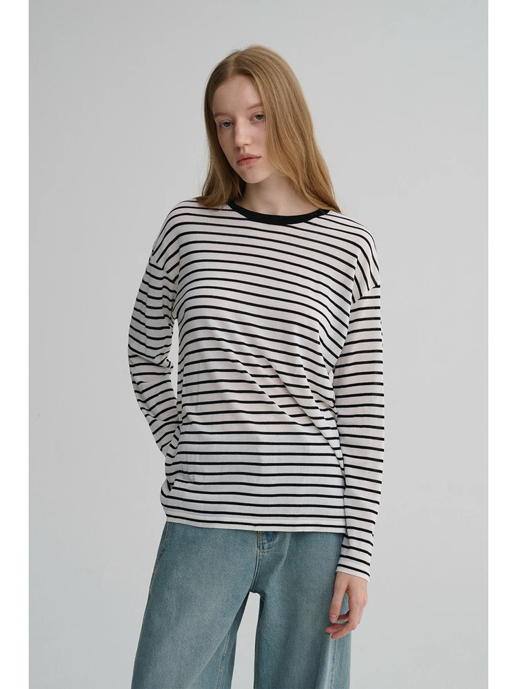 

Maison Cecile Women's Knitted Wool Sweater Casual Loose Fit Stripe Pattern Soft Comfortable Full Wool Long Sve round Ne