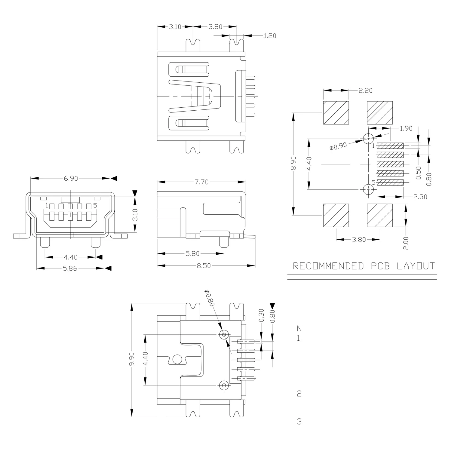 10pcs Mini USB 2.0 Female Cnnector B type 5Pin SMT Four Feet SMT 180Degree SHORT USB Jack