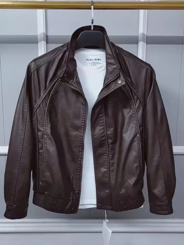 

Новая осенняя мужская кожаная куртка-бомбер в стиле High Fashion с воротником-стойкой, приталенная, молодежная, для мотоциклистов