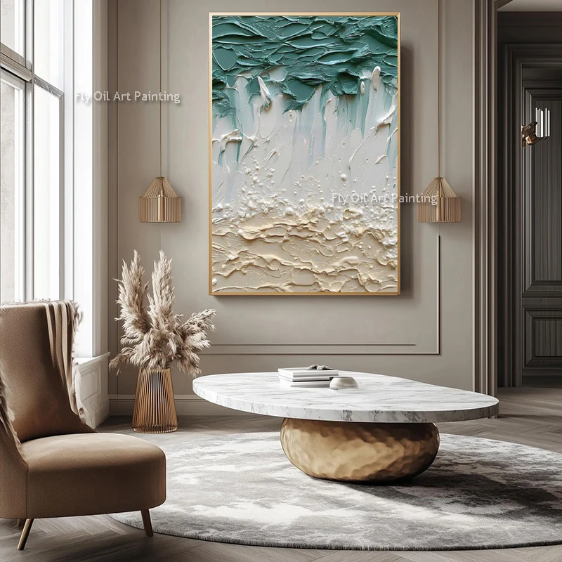 Popular Green White Beige Artwork Handmade Colorful Blocks Home Wall Art Items Orange White Ocean Fishes Oil Painting For Decor