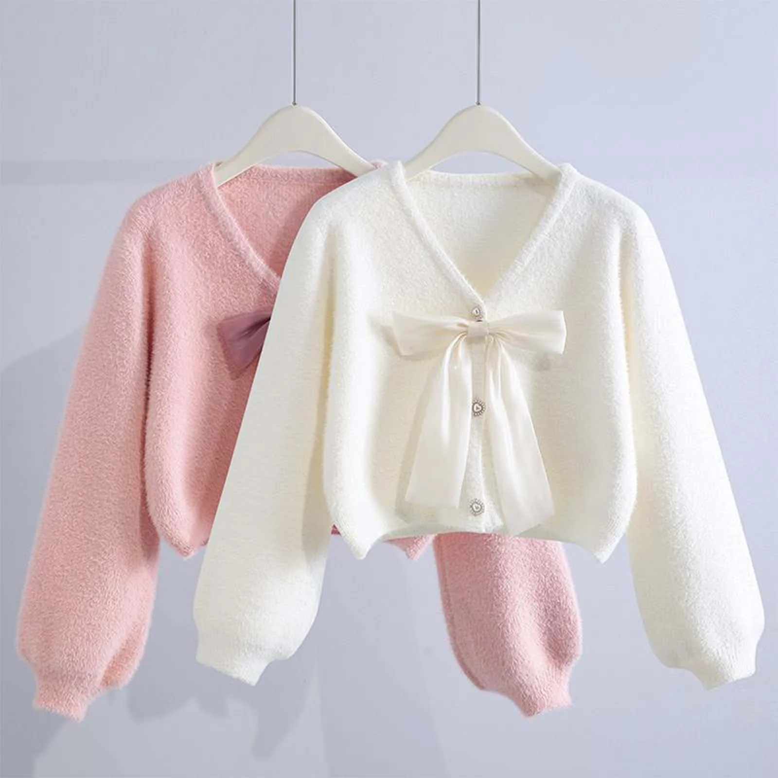 

Ladies Pure Color Fan Your Sweater V-Neck Long Sleeve Butterfly Decorated Short Knit Cardigan Cute Sweet Sister Style Sweater