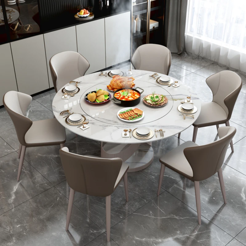 

round Table with Embedded Turntable Dining Table Light Luxury round Induction Cooker Dining Table and Chair