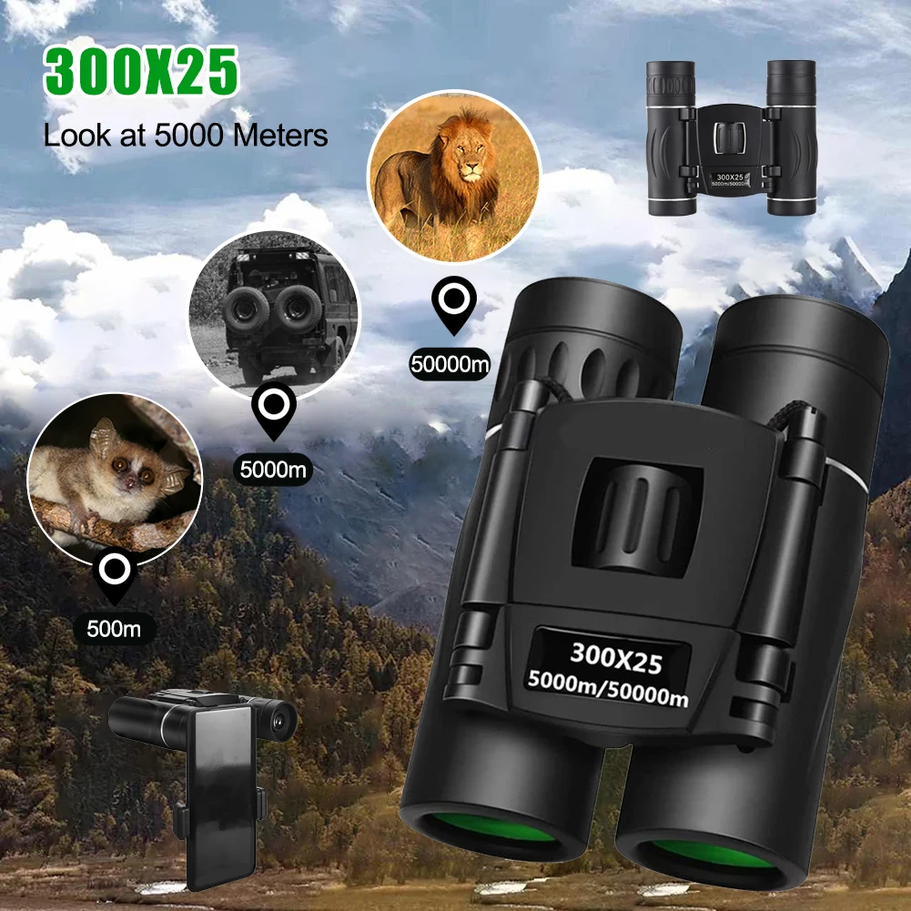 300x25 HD Powerful Binoculars 5000M Long Range Folding Mini Telescope FMC Optics For Hunting Sports Outdoor Camping Travel