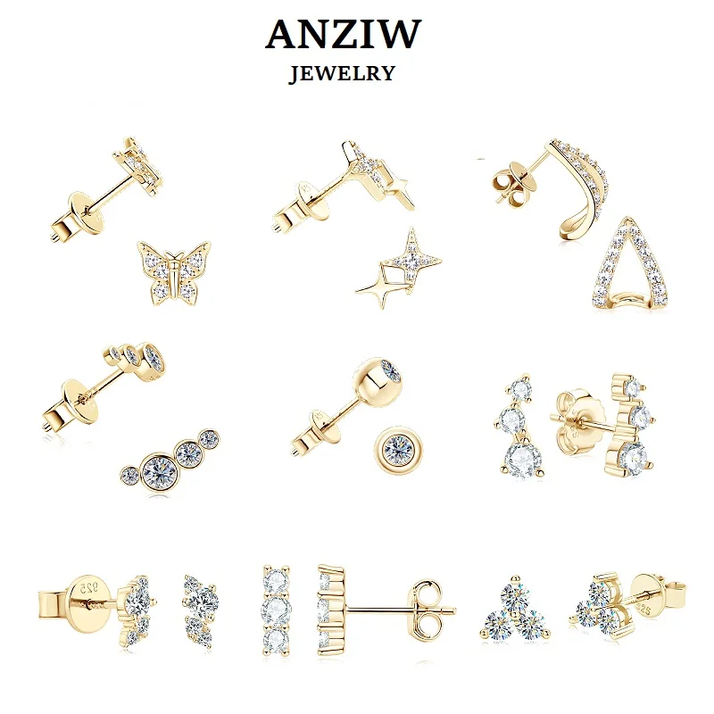 Anziw Mini Needles Stud Earrings 925 Sterling Silver for Women with D Color Moissanite Lovely Piercing Jewelry with Certificate