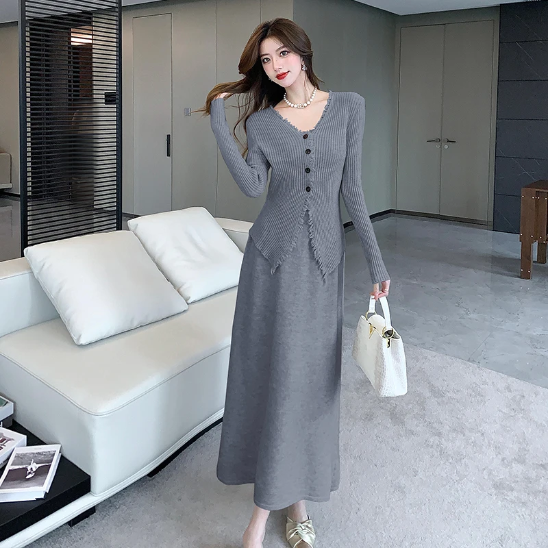 Female V Neck Single Breasted Knitted Cardigan Set Fashion Chic Commuting Maxi Skirt Suit 2024 Autumn Ladies High Street Outfits