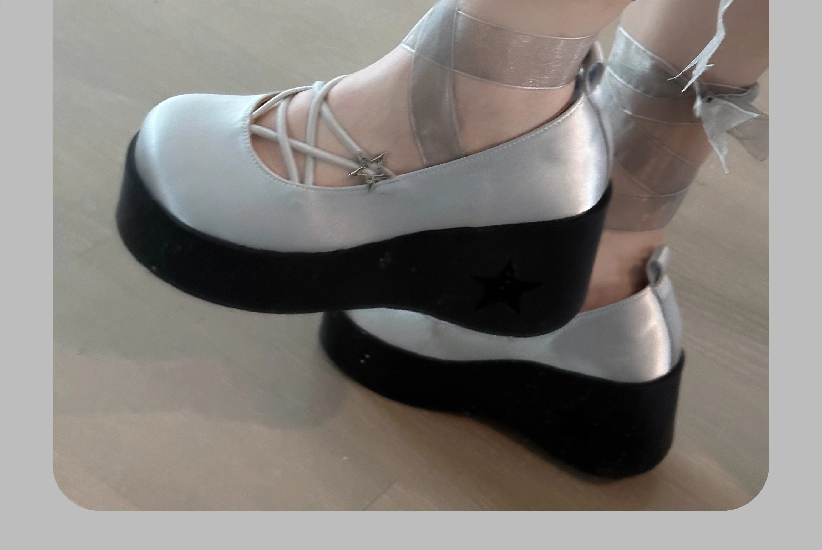 Lolita Shoes Muffin Hollow Stars High Heels Ribbon Tied Feet Solid Color Gothic Platform Shoes Thick Bottom Girl Leather Shoes