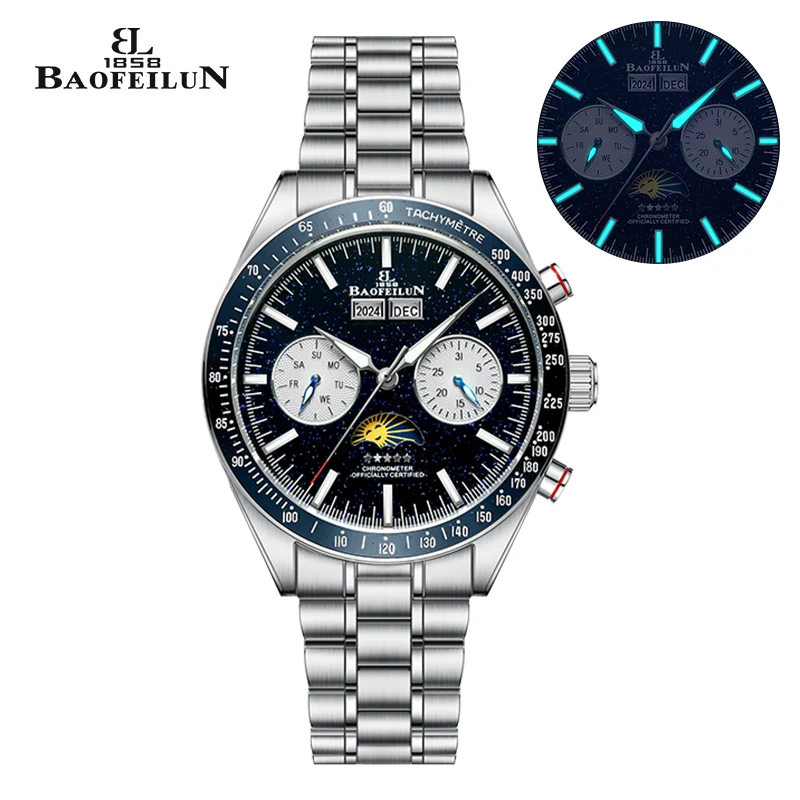 

BAOFEILUN Moonwatch Стиль Мужские автоматические часы 42 мм Нержавеющая сталь Galaxy Циферблат Минеральный кристалл 5ATM Полный календарь Роскошный подарок