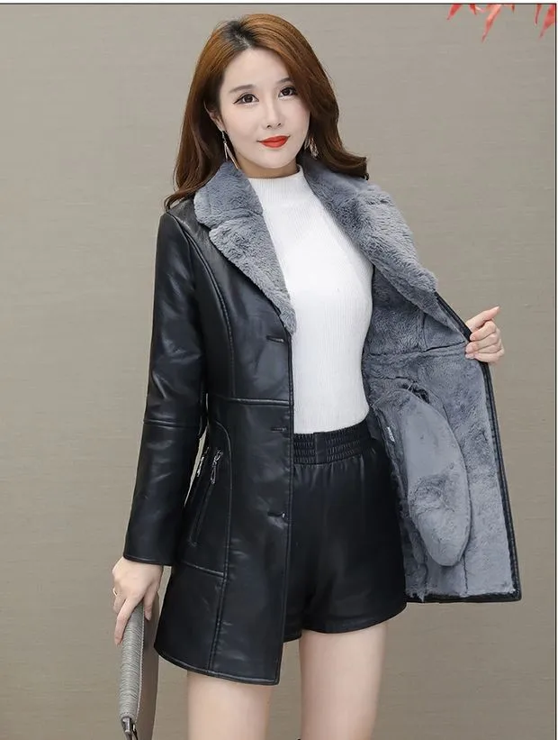 VOLALO mid length leather jacket with slim fit and warm insulation, plush and thick plush women's fur collar jacket and jacket