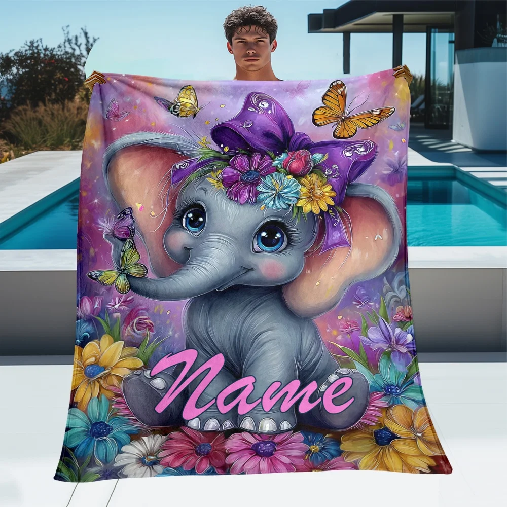 1Pc Personalized Elephant Pattern Custom Name/Text Flannel Blanket, Soft and Comfortable,Suitable for Office, Home, Holiday Gift