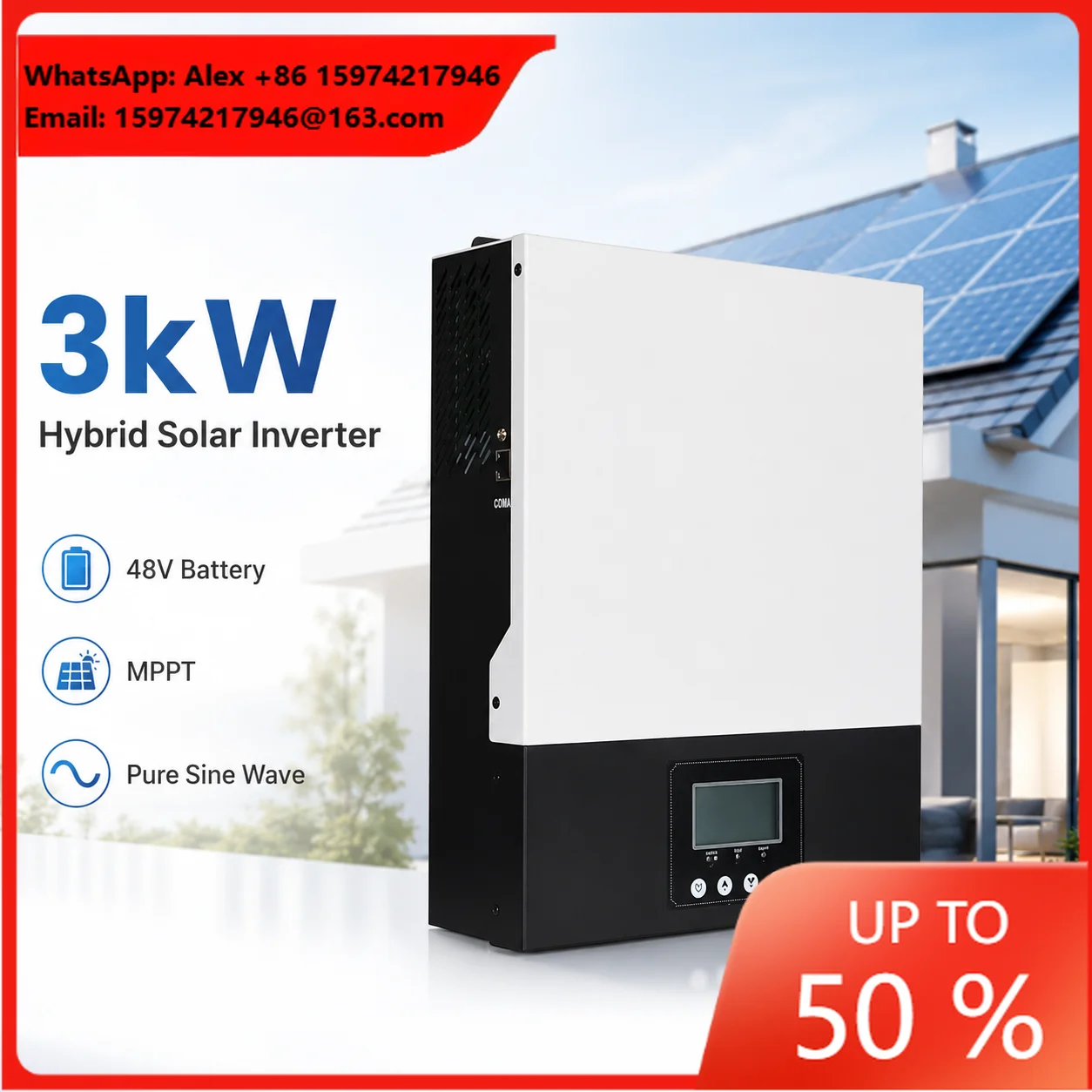 3kW Hybrid Solar Inverter 48V Single Phase 230Vac 50Hz MPPT Pure Sine Wave For EU Residential Rooftop Energy Storage Daily Use