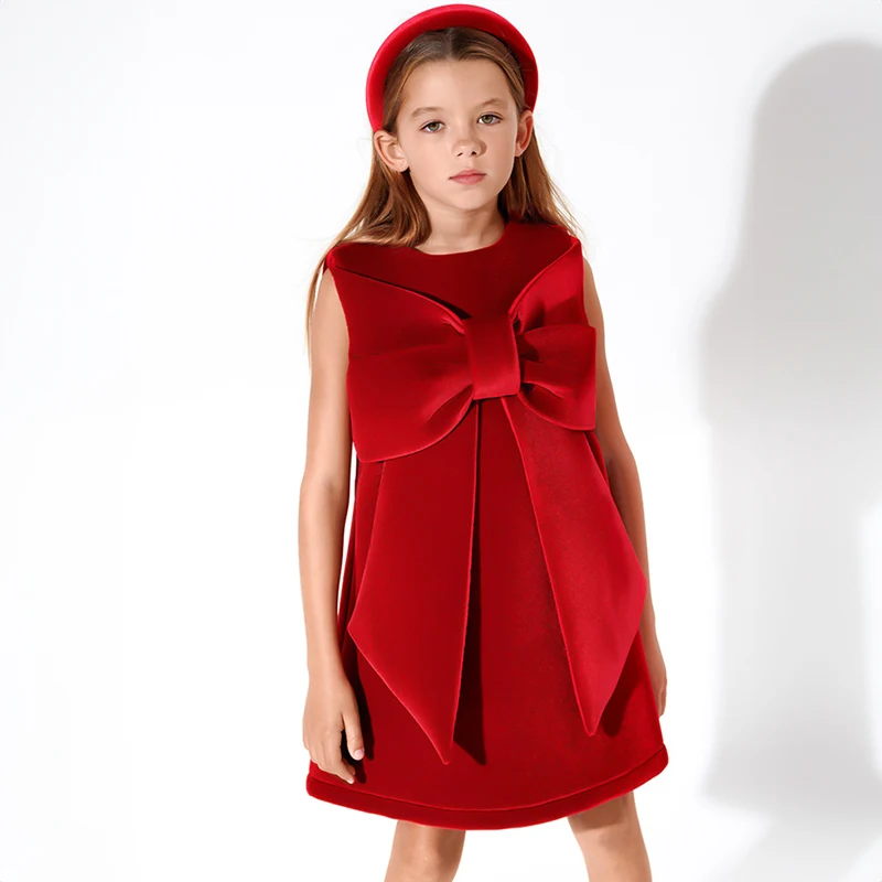 Kid Luxury Wine Red Velvet Dress Sleeveless for Toddler Girl Cute Bow Pageant Evening Short Gown Princess Children Party Dresses