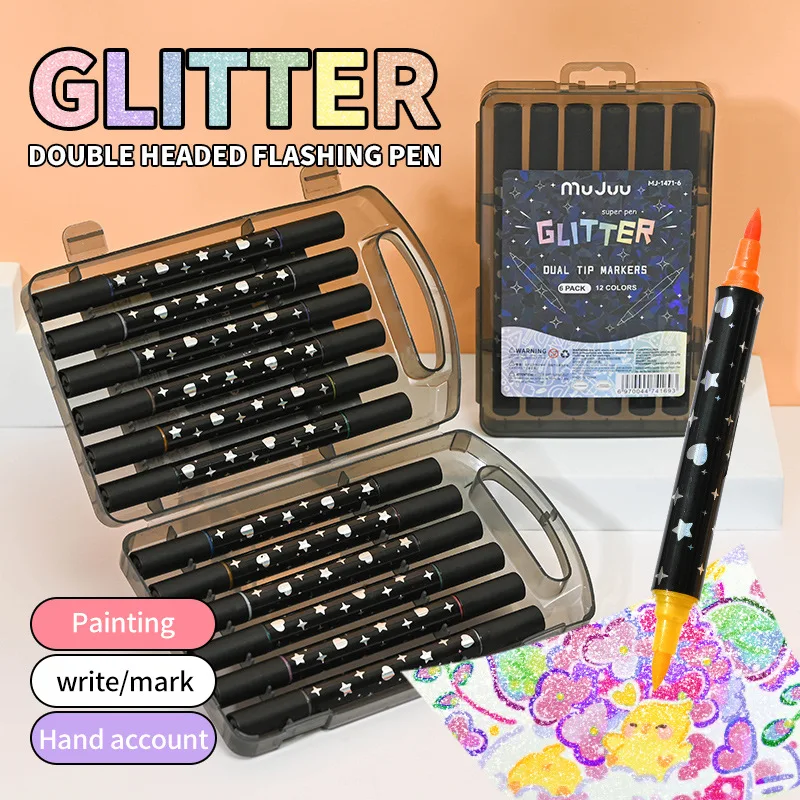 6/12pcs Double Headed Different Glitter Paint Markers Pens Color Art Graffiti Pen Soft Head Coloring Drawing Student Gift