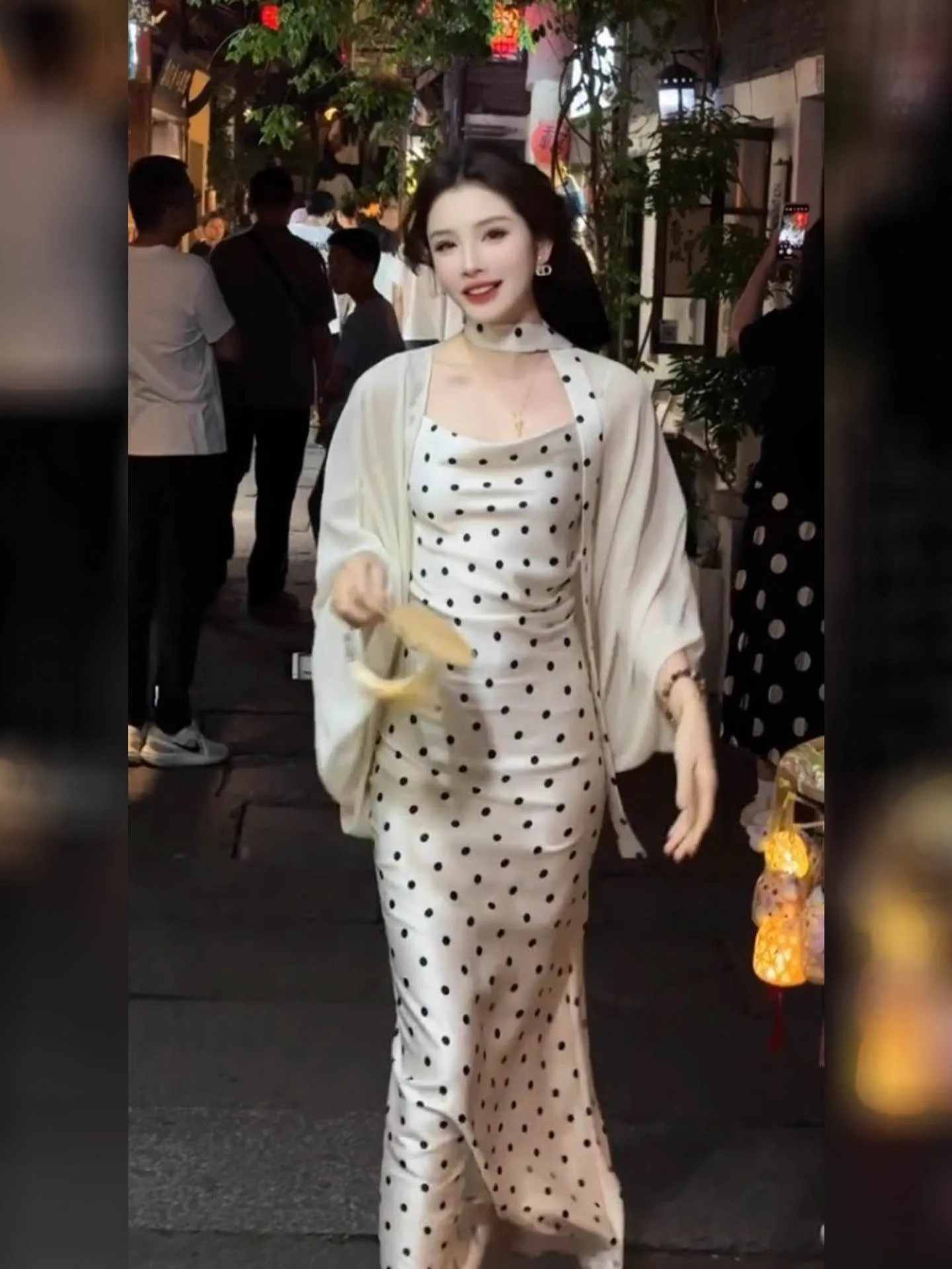 Ele Witte Polka Dot Strap Dr Dames 2025, High-End Feelings Godd Sle Taille-Cinching Long Dr-set