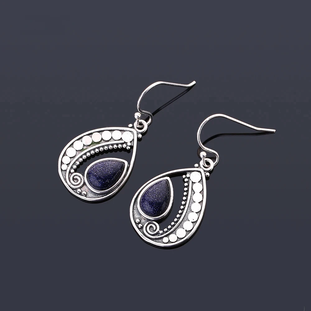 Natural 6*9MM Drop-Shaped Blue Sandstone Earrings 925 Sterling Silver Pendant Earrings for Women Gift Retro Ear Jewelry