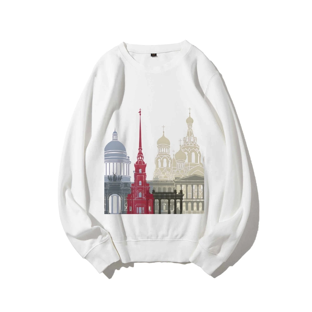 

Graphic Sweatshirt City Skyline Color Block Print Y2k Style Clothes Urban Casual Wear Trendy Design Artistic Vibe Sweatshirt