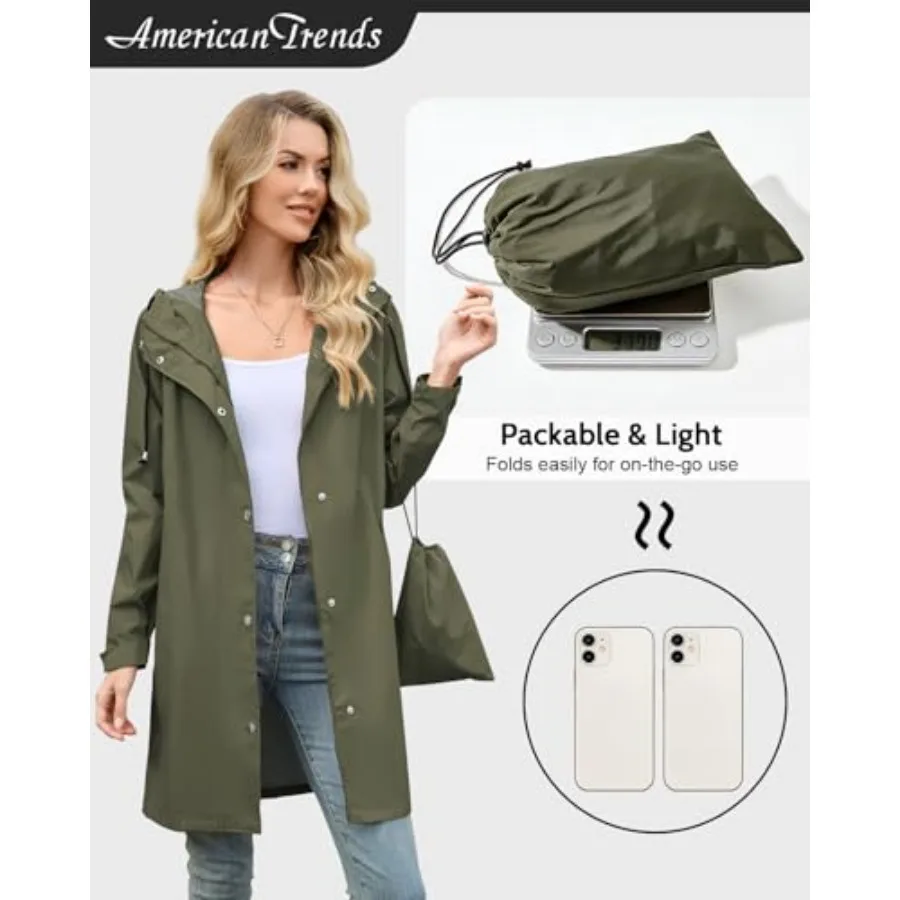 American Trends Packable Waterproof Rain Jacket Women with Hood Raincoat Windbreaker Long Hooded Trench Coats S-2XL Available view 6