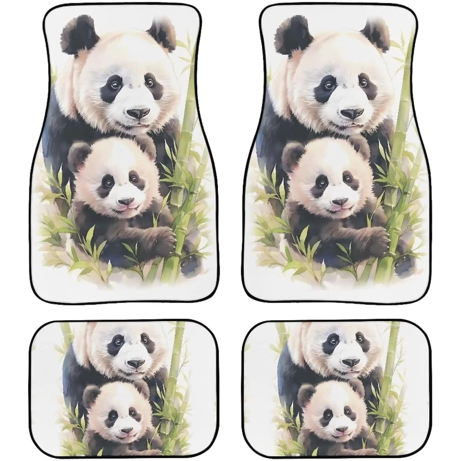 Panda Design Set Of 4 All-Season Floor Mats With Bamboo Forest Theme For Front And Back Rows, Featuring Parent-Child Pandas, Uni