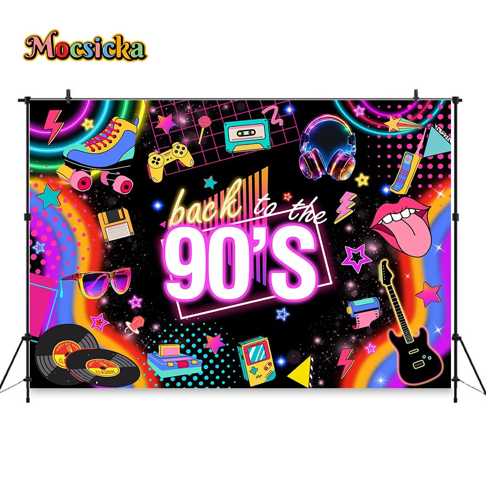 Back to 90s Birthday Music Disco Party Background Glow In the Dark Neon Decor Photo Backdrop Banner Girl Baby Shower Photozone