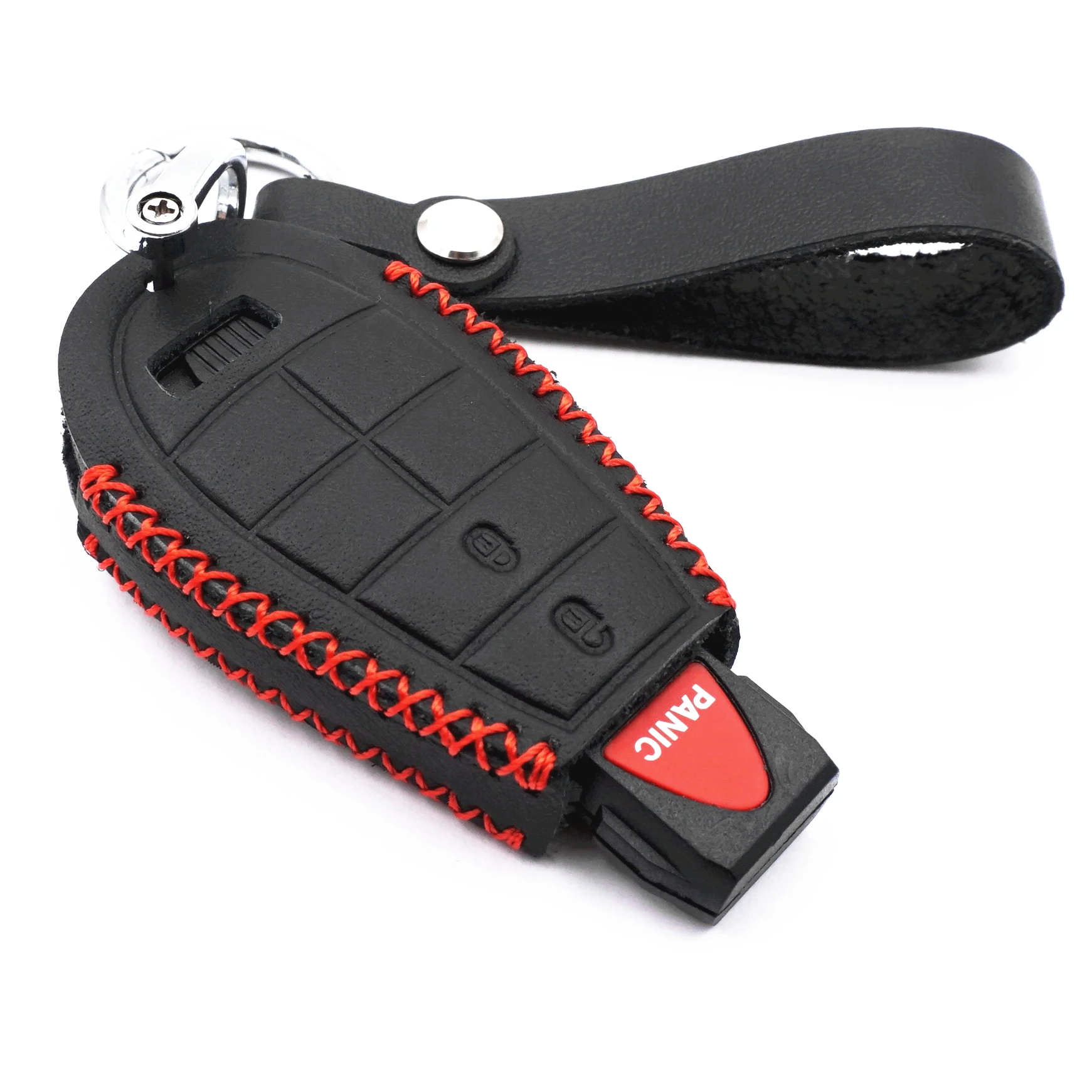 WFMJ Black Leather for Dodge Ram Charger Durango Grand Caravan Journey Challenger 3 Buttons Key Fob Chain Cover (Red stitch)