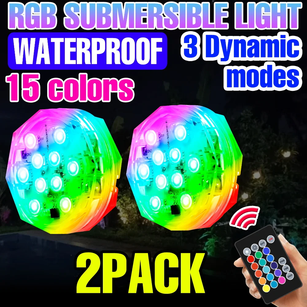 2-Pack RGB Submersible Lamp LED Swimming Pool Underwater Light Outdoor Garden Carnival Decoration Party Pond Fountain Lighting