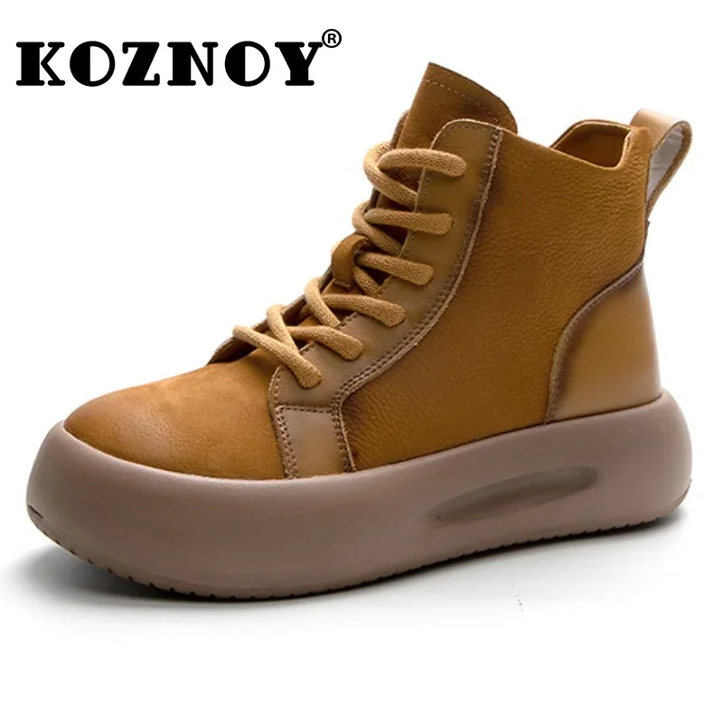 Koznoy buty z prawdziwej skóry damskie 4.5cm 2024 krowie zamszowe gumowe mokasyny na kostkę wygodne wiosenne jesienne okrągłe buty na palcach