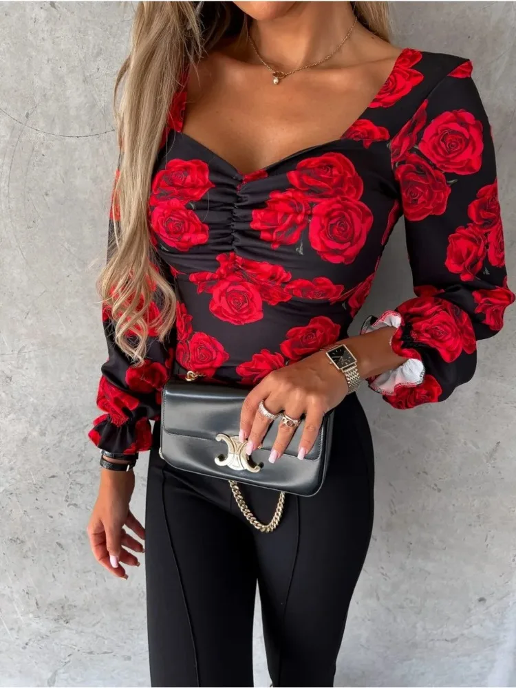 Fashion Women\'s Long Sleeve Waist Pleated Blouse Casual Square Neck Printed Backless Top Shirt Loose Elegant Shirt