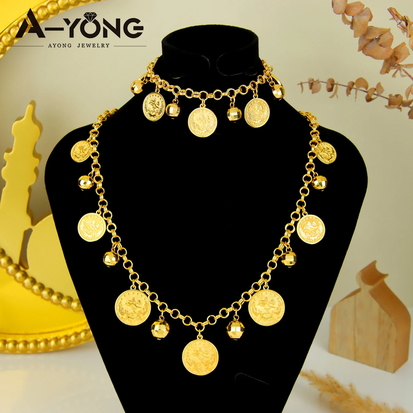 Turkish Coins Neckalce Bracelet Set 24k Gold Plated Kurdish Vintage Beads Pendants Chains Nigeria Women Bridal Wedding Jewelry