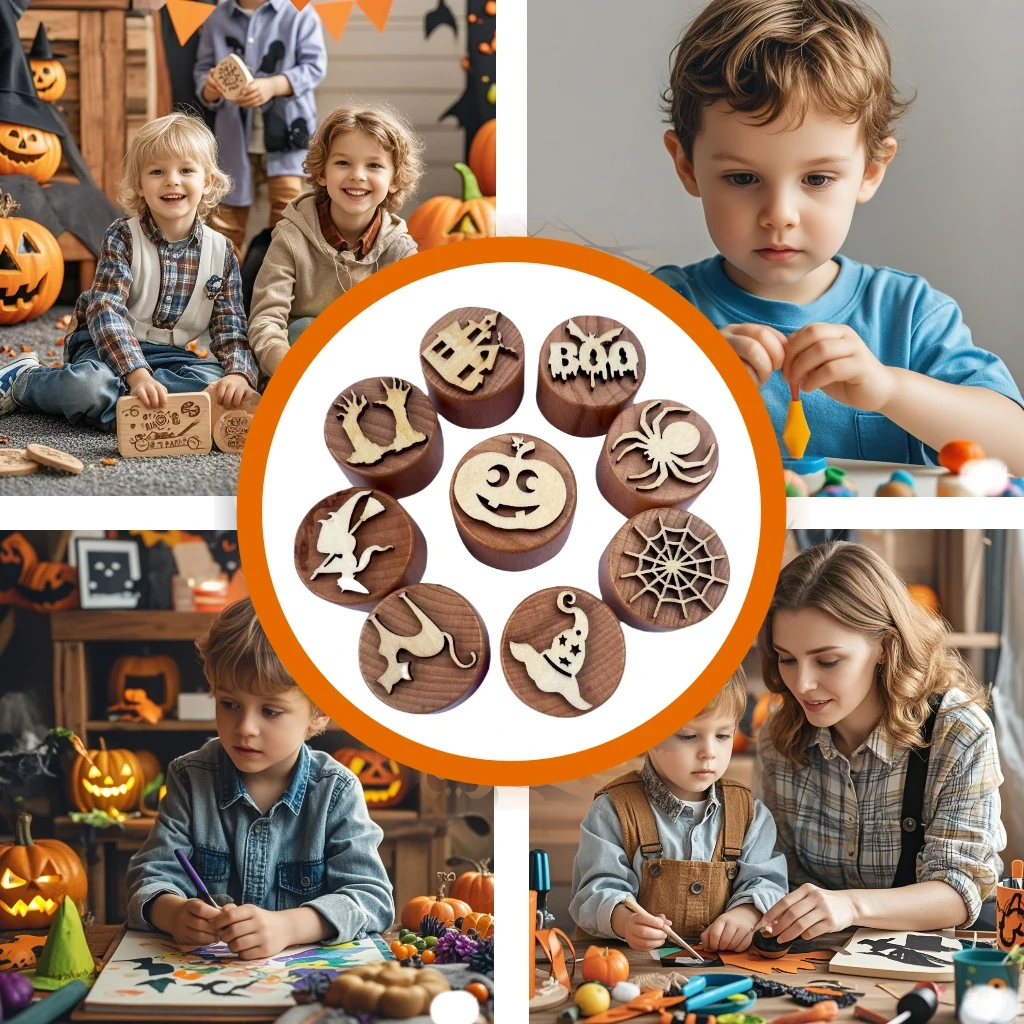 Wooden DIY Stamp Toy For Children Halloween Chirstmas Clay Stamps Handmade Toys Kids Art Painting Tool 6pcs