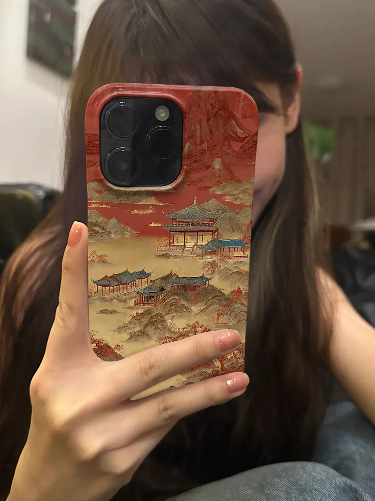 Pintura de paisaje tradicional chino pabellones montañas árboles funda de teléfono para iPhone 16 15 14 13 Pro Max 12 11 fondo de cubierta trasera
