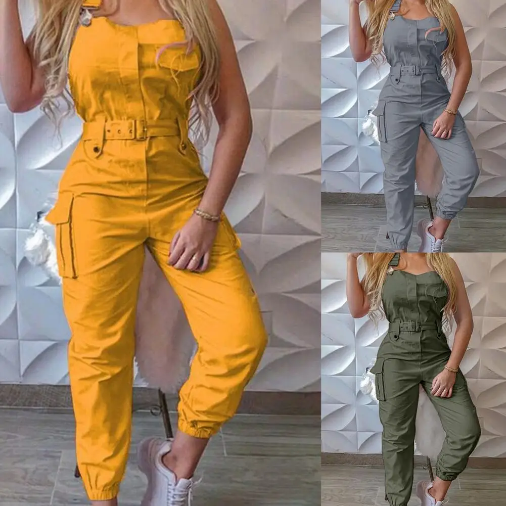 

2024 Jumpsuits Women Casual Cargo Playsuit Sleeveless O Neck Jumpsuit With Pocket and Belt Elegant Pencil Pants Loose Overalls