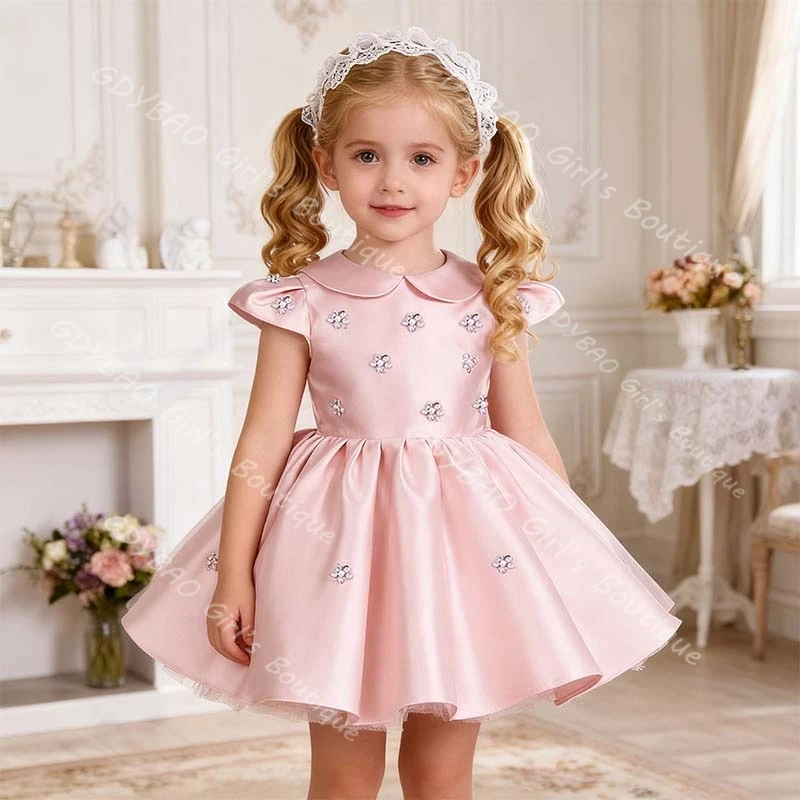 

Платье принцессы для маленьких девочек с кристаллами, мини-платье с цветочным узором на шее, платье для девочек на свадьбу, день рождения, на заказ