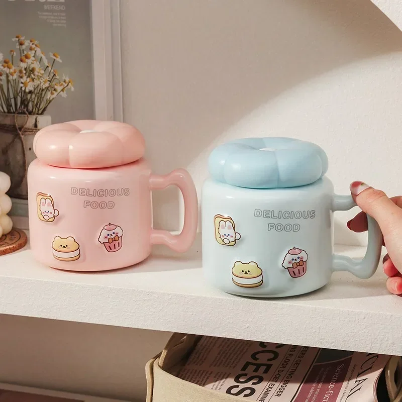 Cartoon Keramik Becher Große Kapazität Frühstück Kaffeetasse mit Deckel Büro Teetasse Paar Tassen Home Office Schlafsaal Wasser Tassen Geschenk