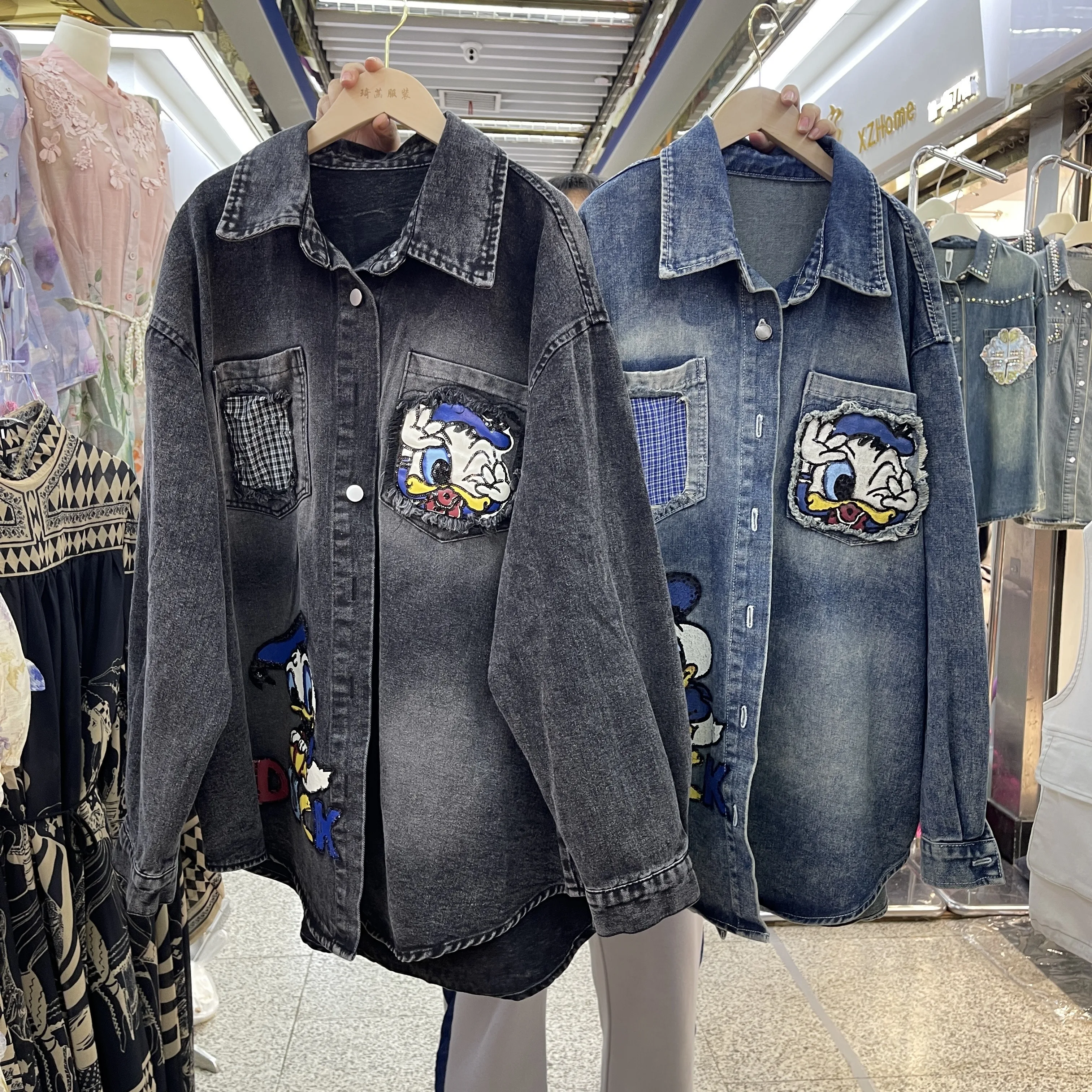 Heavy Industry Buttons Washed Thin American Style Cartoon Short Coat Drop Shoulder Sleeves Top Single-breasted Jacket Outerwear