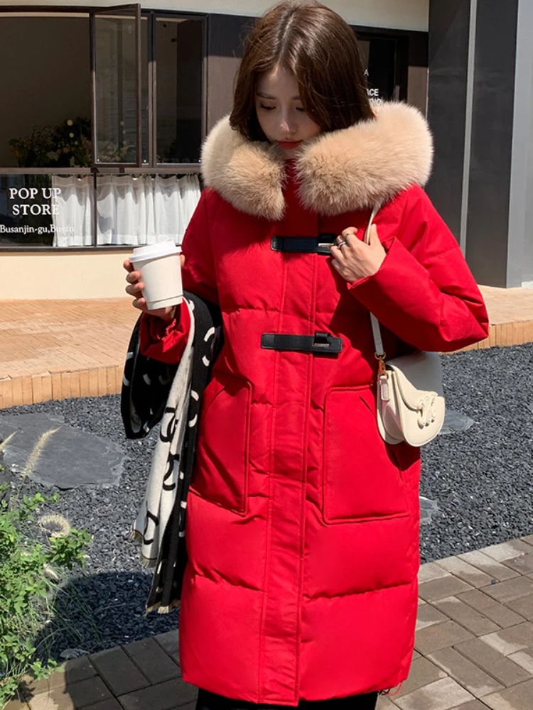 Estilo coreano engrossado para baixo jaqueta feminina 2023 inverno nova alta qualidade gola de pele de raposa quente solto moda pato branco puffer casaco