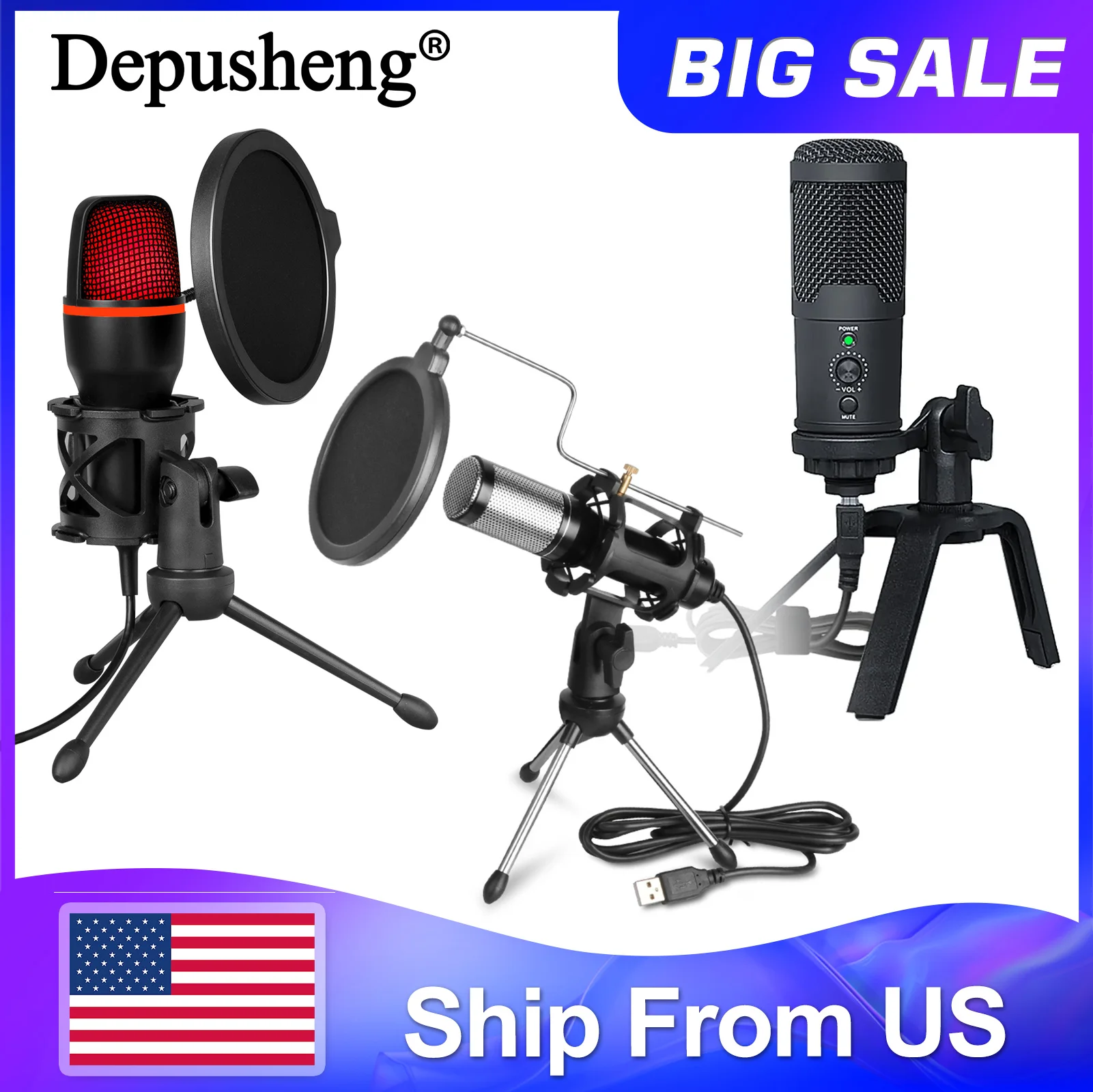 

Depusheng USB Microphone Professional Recording Live with Desktop Metal Microphone Stand Gaming PC Microphone