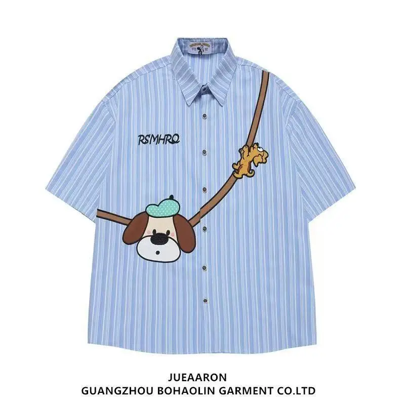 

Japanese trendy brand puppy dopamine vertical striped short-sleeved shirt loose lazy style casual couple shirt graffiti