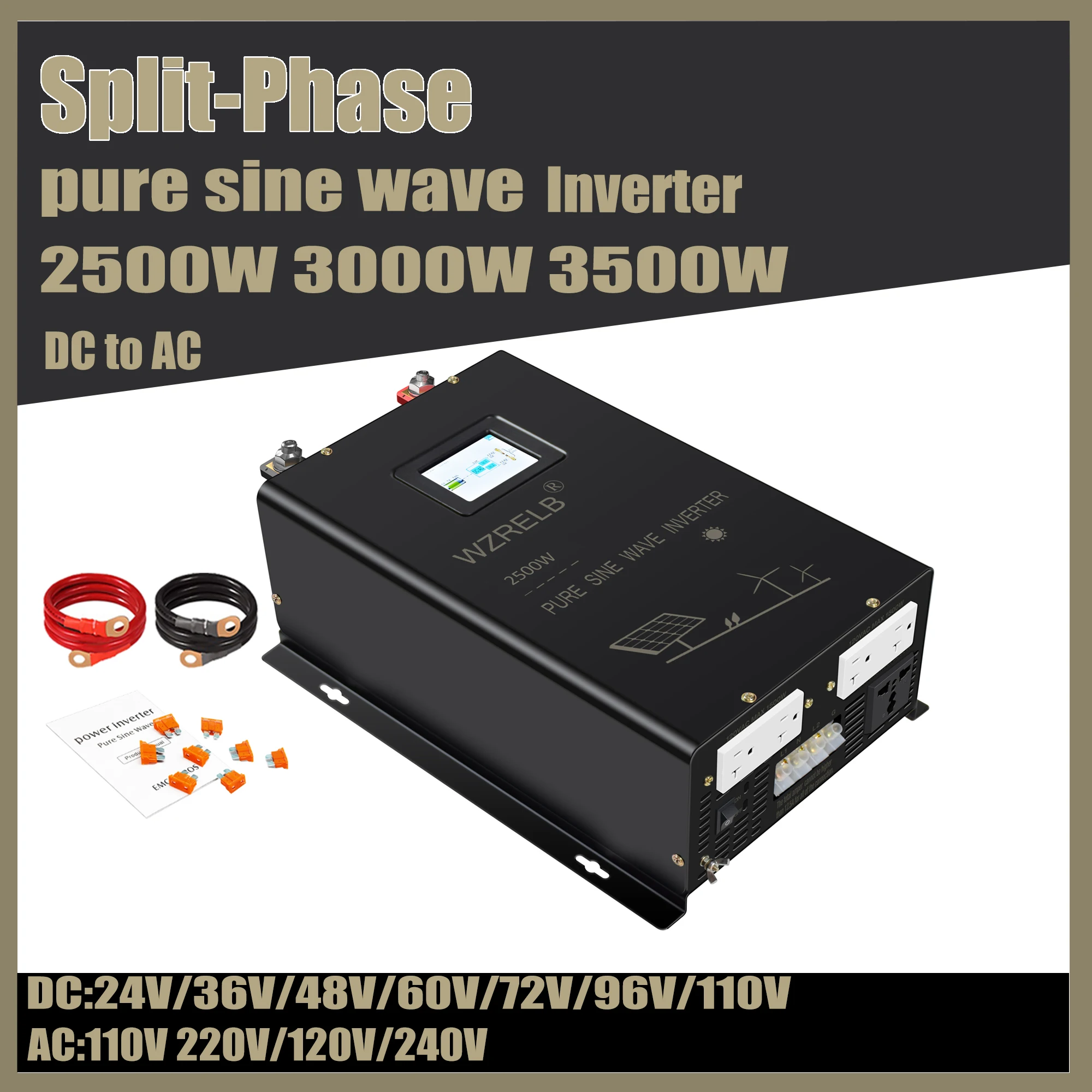 Split-Phase Solar Inverter 2.5kw 3kw 3.5kw Pure Sine Wave Off Grid PV 24V 48V 72V 96V DC to 110V 220V/120V 240V AC Converter