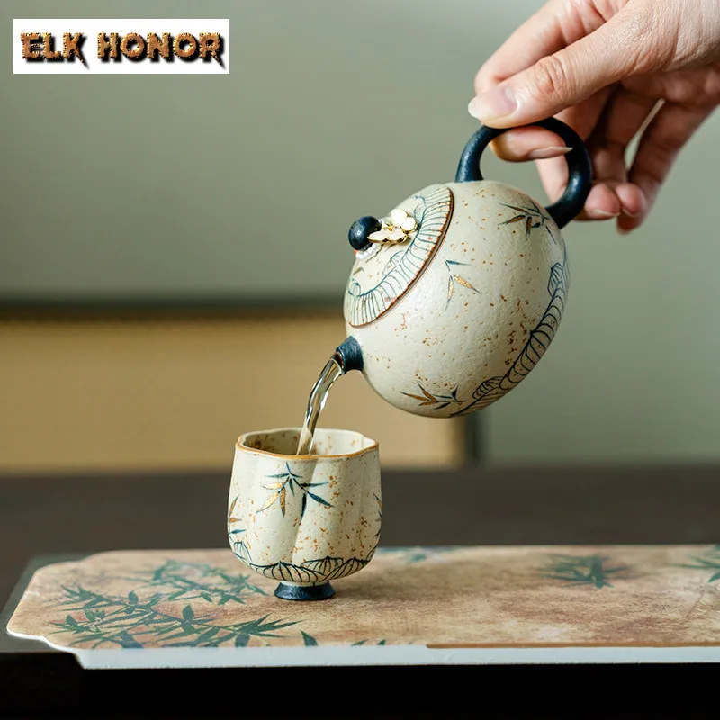 150ml Hand-painted Bamboo Shadow Xishi Teapot Retro Tea Infuser Pot Tea Brewing Kettle With Ball Hole Oolong Tea Tableware Gift