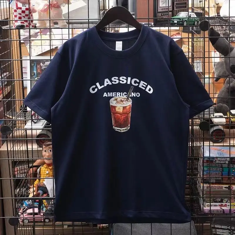 

Новая футболка À Manches Courtes Imprimé En Pur Coton Bleu Marine Rétro Américain Décontracté Pour Hommes Et Femmes