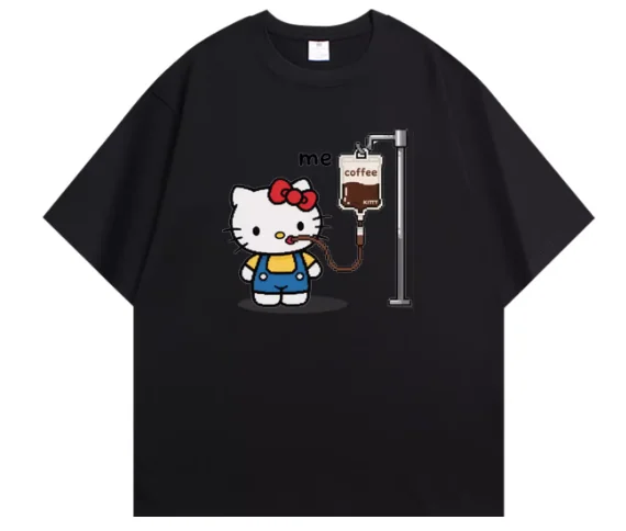 Miniso 2026 ハローキティ コーヒー プリント カップル Tシャツ カジュアル ルーズ ラウンドネック 半袖 ファッショナブル ストリートウェア 衣類 トップ