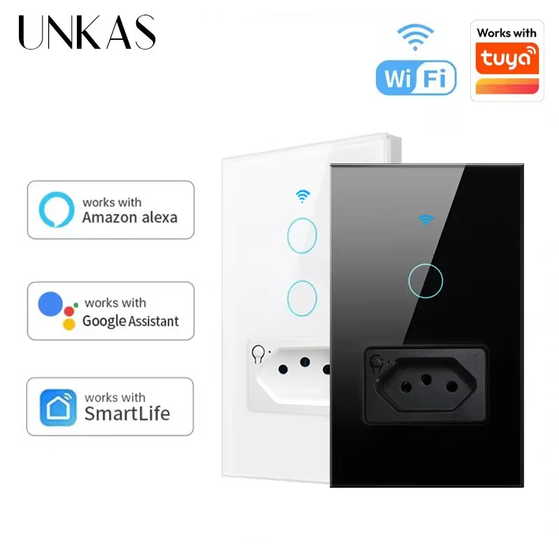 UNKAS Works with Tuya Wifi Smart Brazil Light Switch Wall Socket Plug Outlet Touch Sensor Glass Panel Remote Control by Alexa