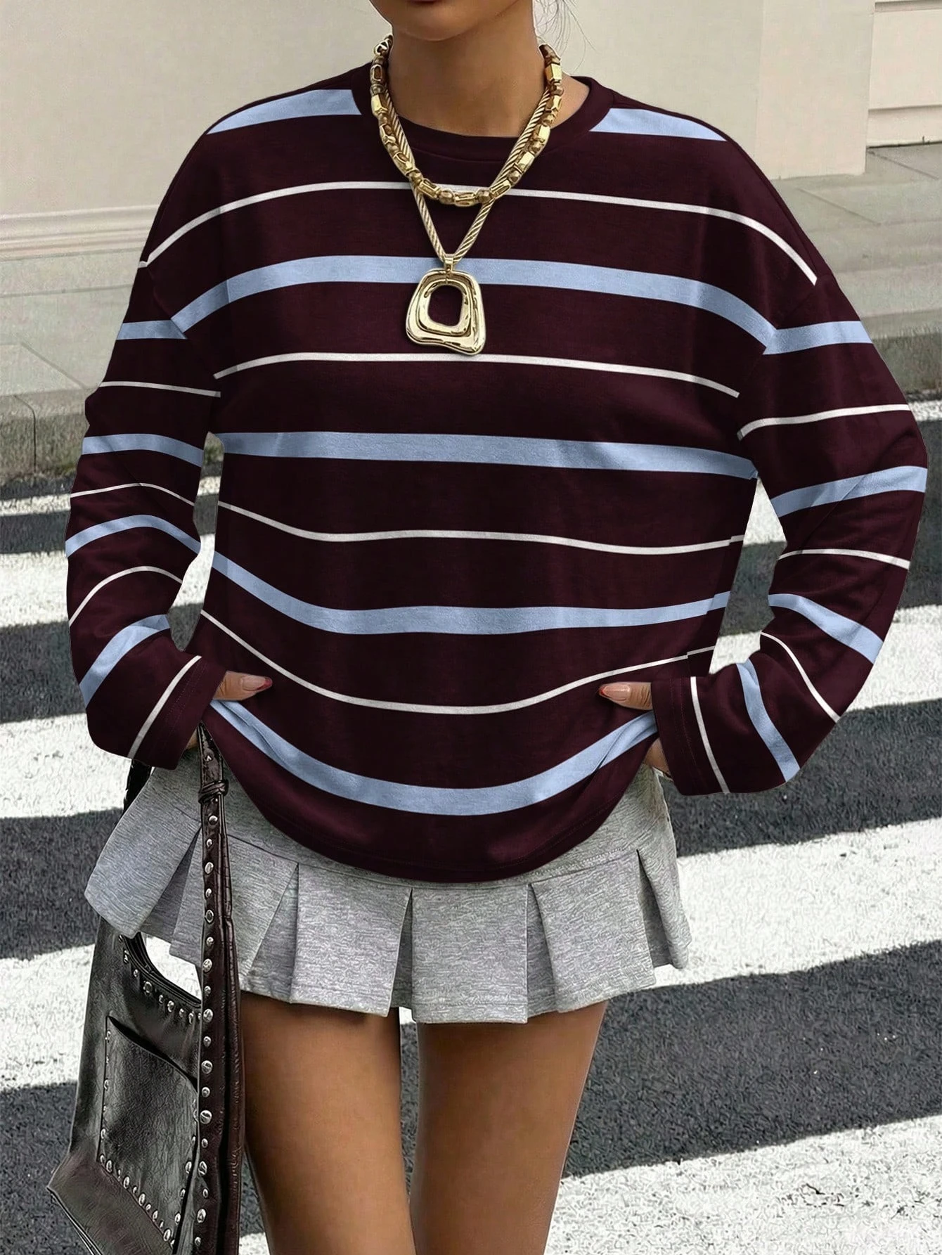 2026 Women Burgundy Light Blue Horizontal Striped Long Sleeve T-Shirt, Crew Neck Oversized Loose Casual Retro Fall Basic Top
