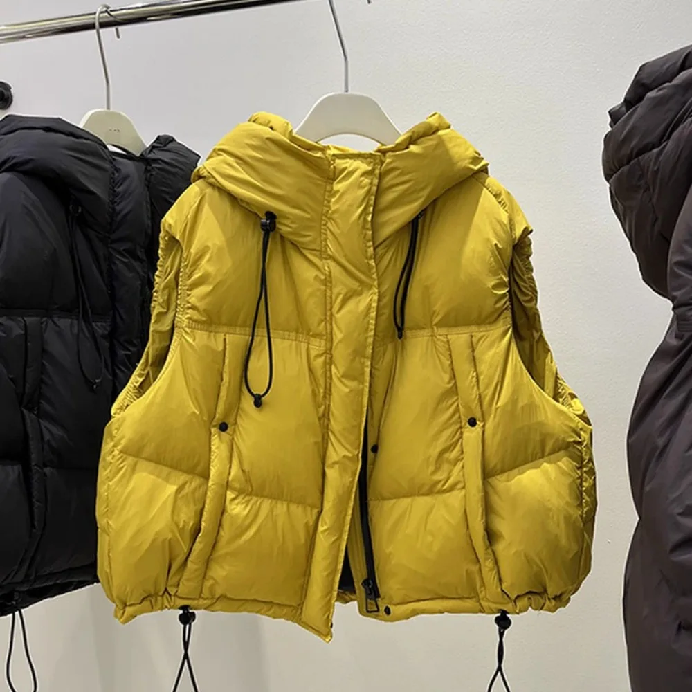 

New White Duck Down Coats New Autumn Winter Clothes Female Fashion Short Hooded Sleeveless Vest Women Down Waistcoat Lady