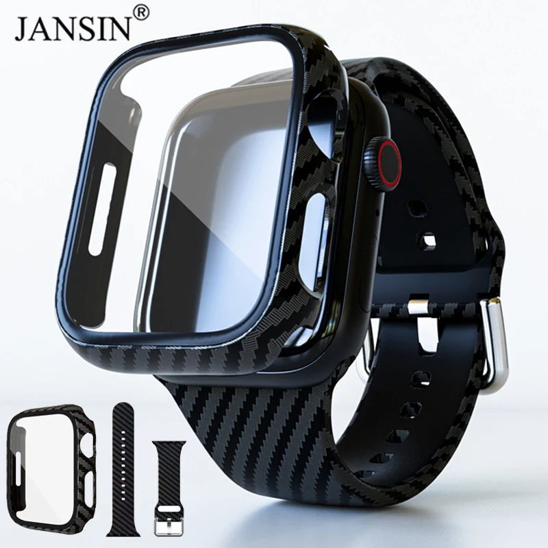 Carbon Fiber Pattern Case Strap For Apple Watch 9 8 7 SE 6 45mm 42mm 38mm 40mm 41mm Glass Cases Band For iWatch Ultra 2 1 49mm