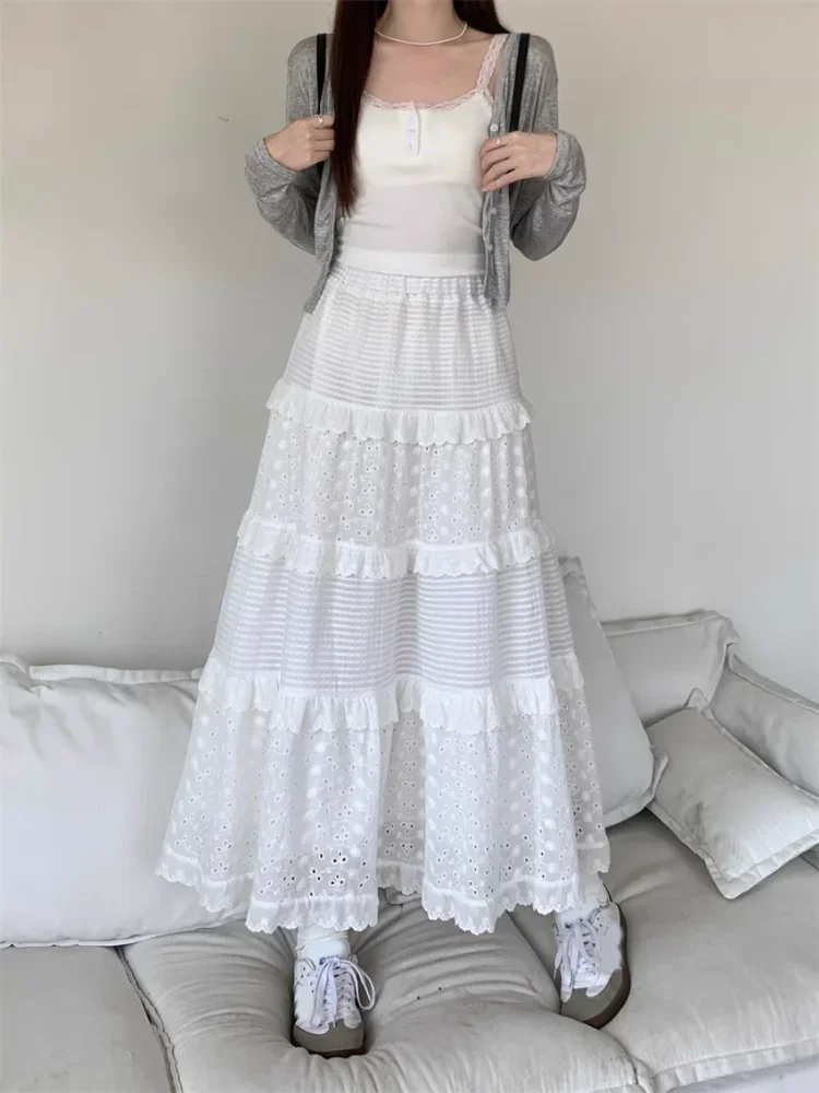 New Spring Summer White Hollow Long Cake Skirt Women High Waist Lace Patchwork Ruffles A Line Midi Skirts Sweet Ballet Clothes