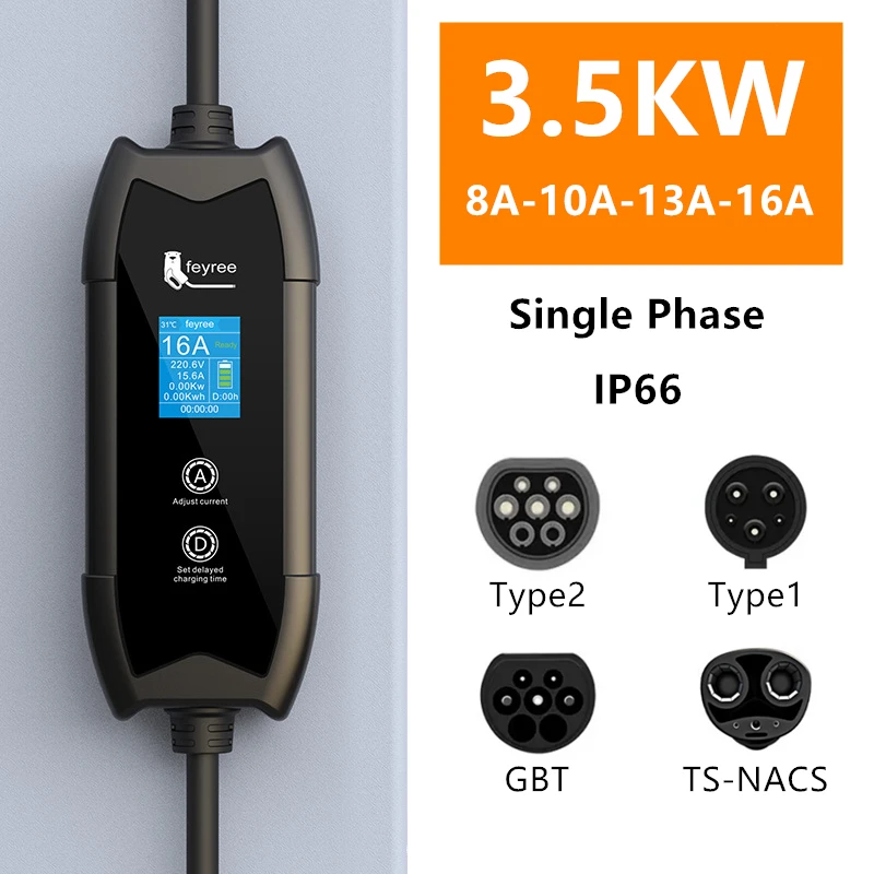 

3.5KW Portable EV Charger Type 2 16A 1Phase Electric Car Charger J1772 NACS GBT EVSE Wallbox Mobile EV Charging Station