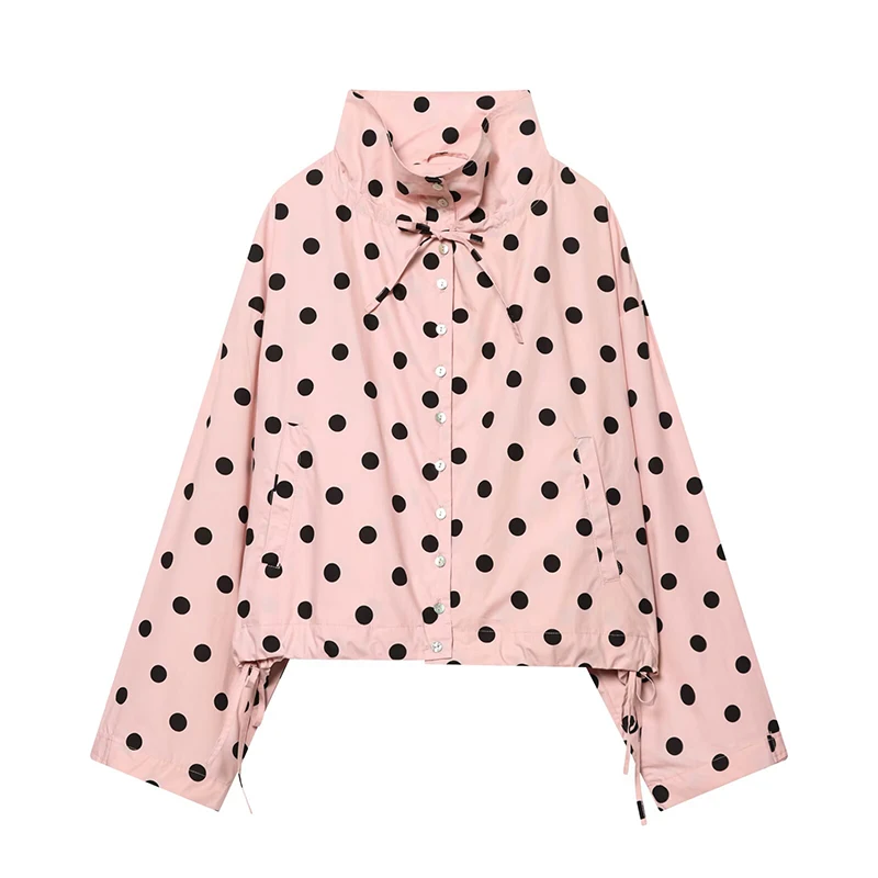 YENKYE Pink Casual Polka Dot Jacket Women Stand Collar Long Sleeve Single Breast Loose Outerwear 2026 Spring Lady Commute Coat