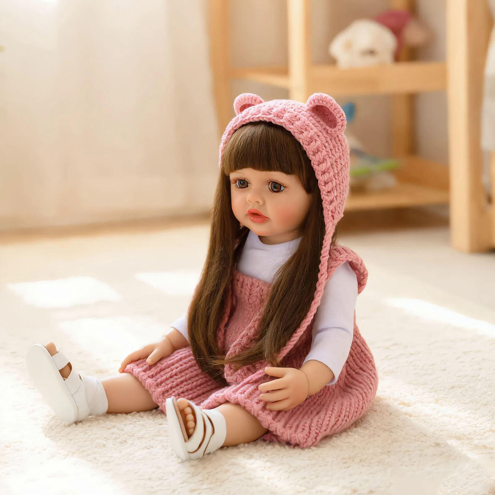 

Realistic Baby Doll, 20 inches (50 cm), handmade from soft vinyl, with a pink knitted outfit and long brown hair. Suitable for ages 3+.