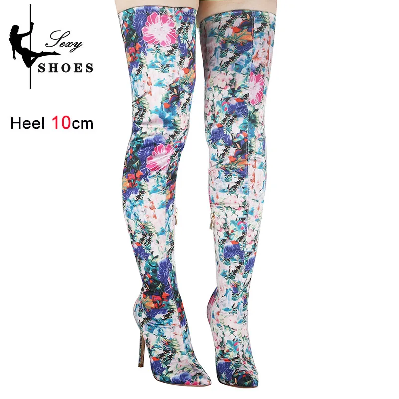 Autumn Women Shoes Over-the-Knee Elastic Sock Boots Side Zip Pointed Toe Ladies High Heels Night Club Novelty Print Thigh Boots