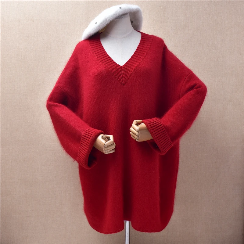 

Women Mujer Autumn Winter Thick Warm Hairy Angora Rabbit Hair Knitted V-Neck Long Sleeves Loose Pullover Sweater Jumper Pull Top